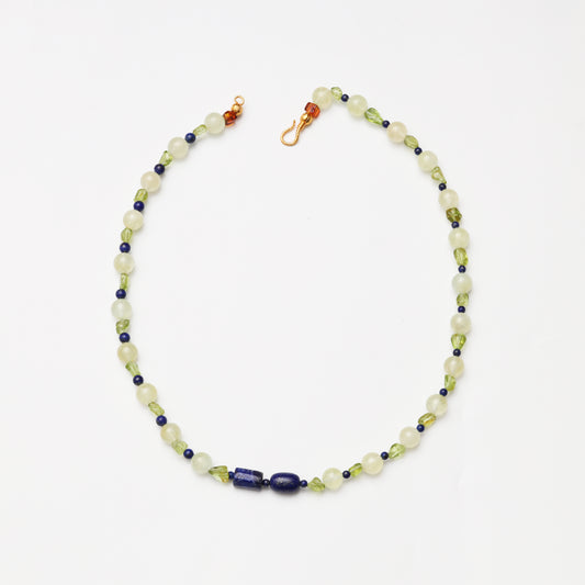 Prehnite Round Bead, Peridot Freeform & Lapis Lazuli Necklace