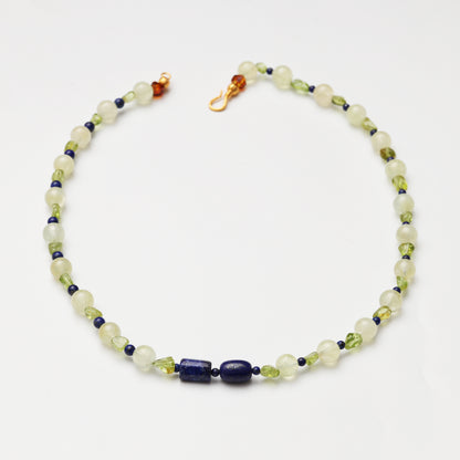 Prehnite Round Bead, Peridot Freeform & Lapis Lazuli Necklace