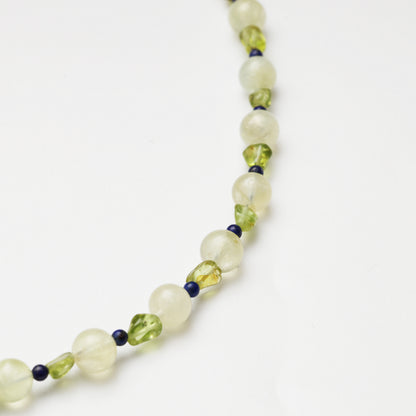 Prehnite Round Bead, Peridot Freeform & Lapis Lazuli Necklace