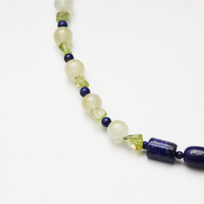 Prehnite Round Bead, Peridot Freeform & Lapis Lazuli Necklace