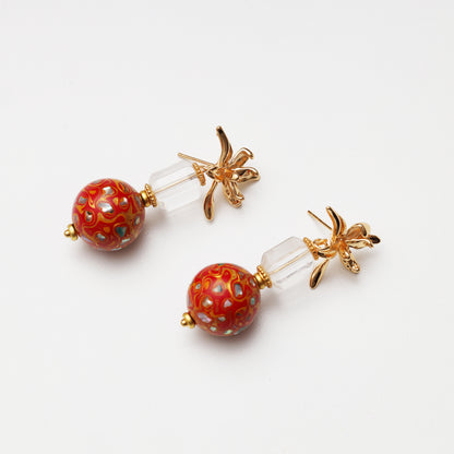 S925 Silver Clear Quartz & Red Lacquer Round Bead Earrings