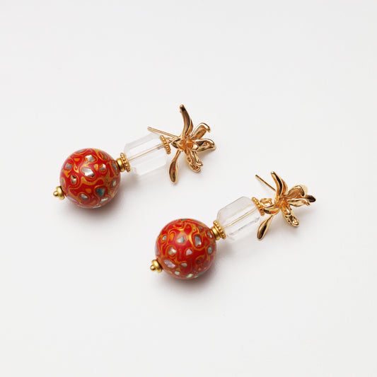 S925 Silver Clear Quartz & Red Lacquer Round Bead Earrings