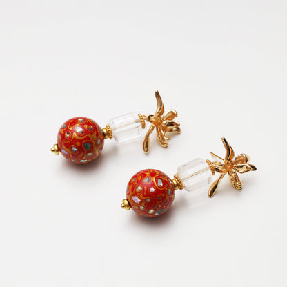 S925 Silver Clear Quartz & Red Lacquer Round Bead Earrings