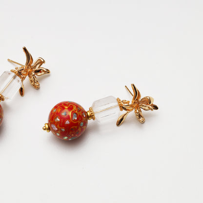 S925 Silver Clear Quartz & Red Lacquer Round Bead Earrings