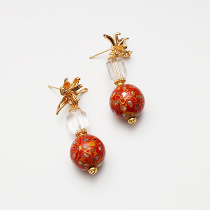 S925 Silver Clear Quartz & Red Lacquer Round Bead Earrings