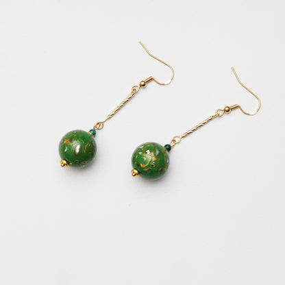 Grass Green Lacquer Round Bead & Malachite Earrings
