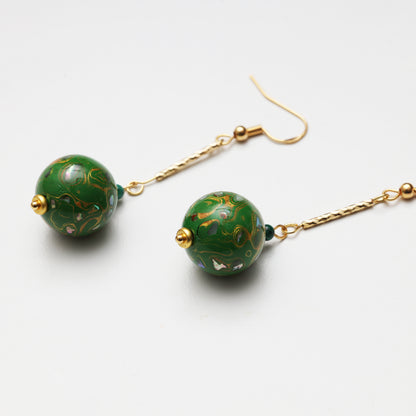 Grass Green Lacquer Round Bead & Malachite Earrings