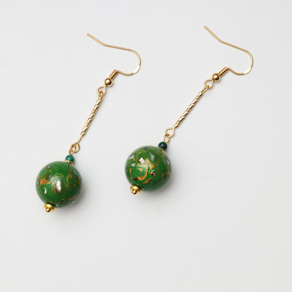 Grass Green Lacquer Round Bead & Malachite Earrings