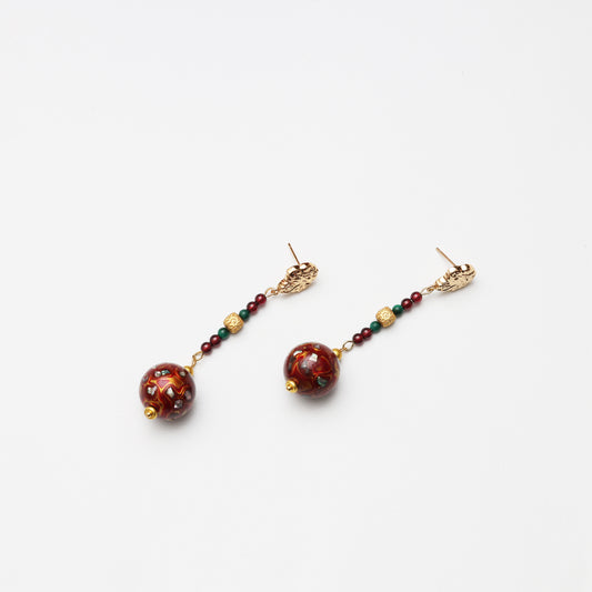 Scarlet Red Lacquer Round Bead, Turquoise & Garnet Earrings