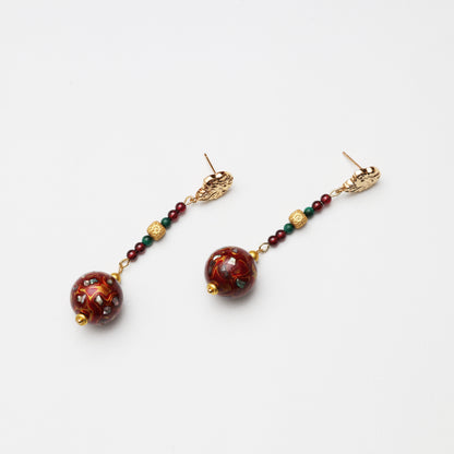Scarlet Red Lacquer Round Bead, Turquoise & Garnet Earrings