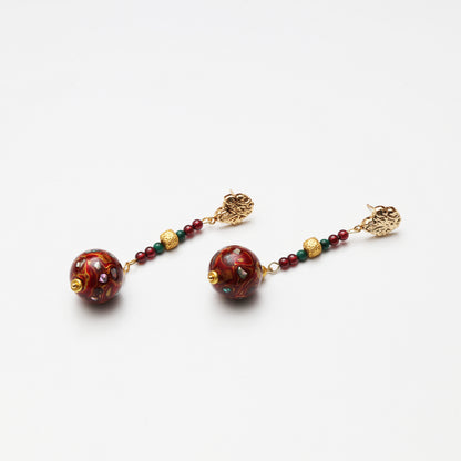 Scarlet Red Lacquer Round Bead, Turquoise & Garnet Earrings