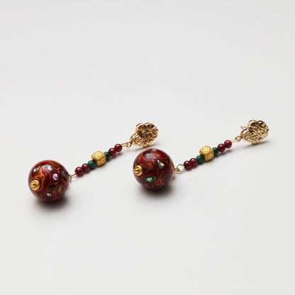 Scarlet Red Lacquer Round Bead, Turquoise & Garnet Earrings