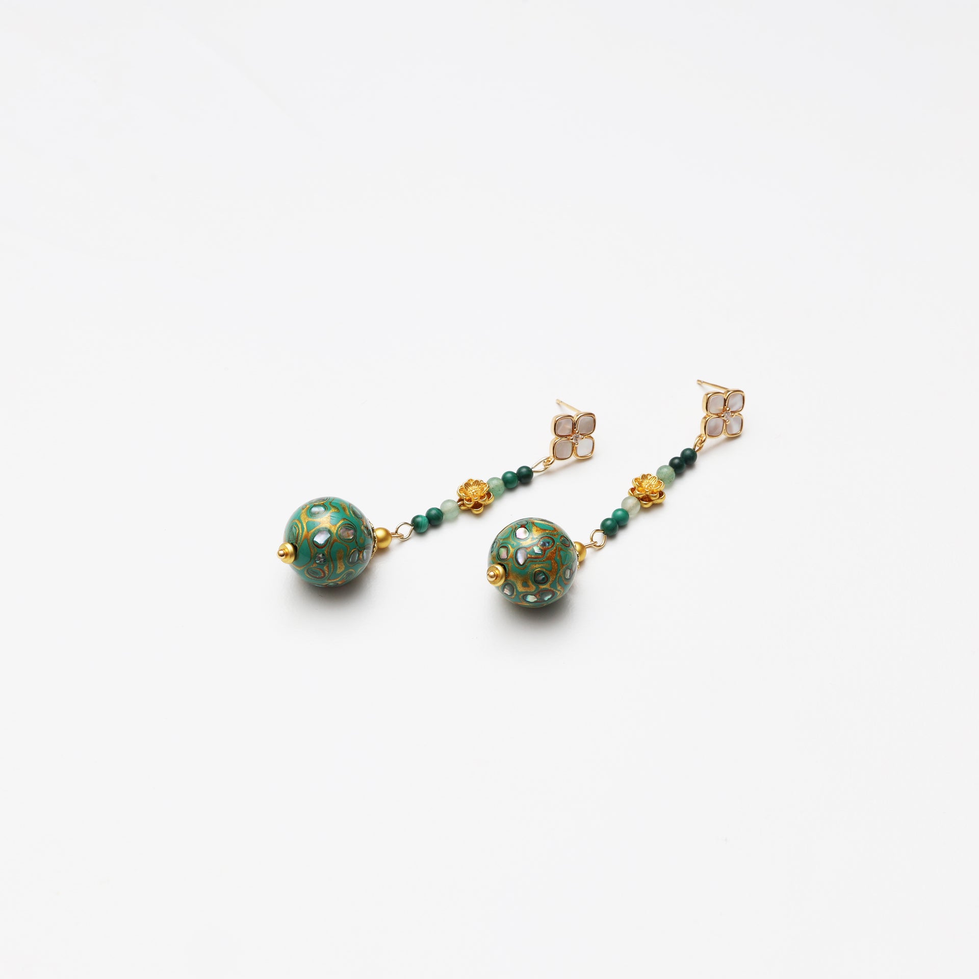 Teal Lacquer Round Bead, Green Aventurine, Malachite & Mother-of-Pearl Earrings
