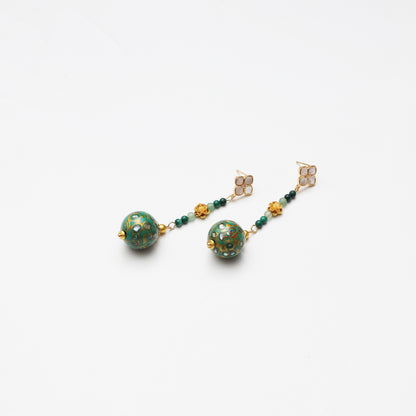 Teal Lacquer Round Bead, Green Aventurine, Malachite & Mother-of-Pearl Earrings