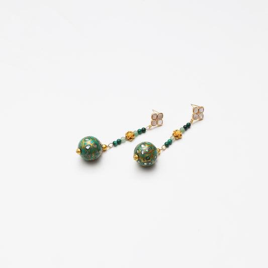 Teal Lacquer Round Bead, Green Aventurine, Malachite & Mother-of-Pearl Earrings