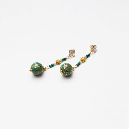 Teal Lacquer Round Bead, Green Aventurine, Malachite & Mother-of-Pearl Earrings