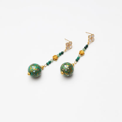 Teal Lacquer Round Bead, Green Aventurine, Malachite & Mother-of-Pearl Earrings