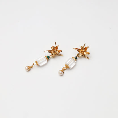 S925 Silver Clear Quartz & S925 Silver Natural Pearl Malachite Earrings