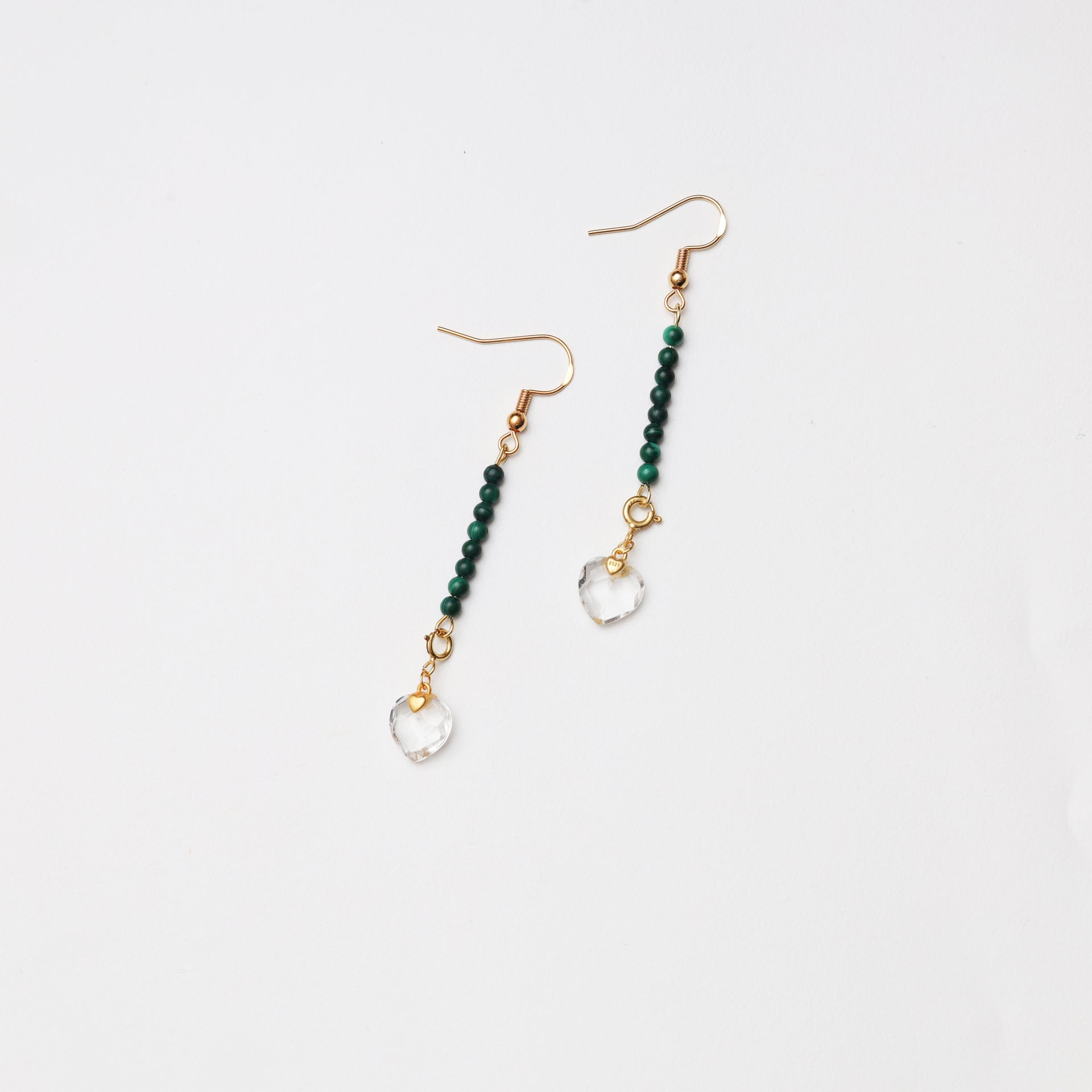S925 Silver Heart-shaped Clear Quartz & Malachite Earrings