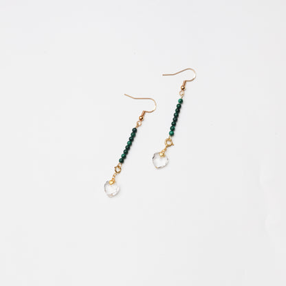S925 Silver Heart-shaped Clear Quartz & Malachite Earrings