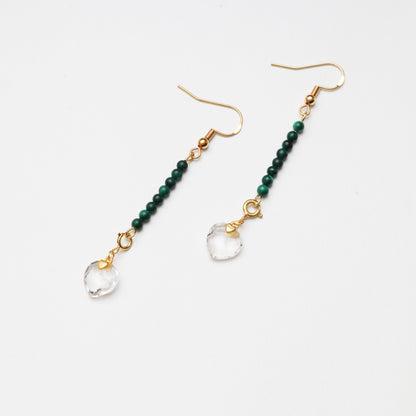 S925 Silver Heart-shaped Clear Quartz & Malachite Earrings