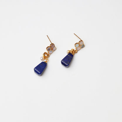 S925 Silver Trapezoid Lapis Lazuli, Pearl & Mother-of-Pearl Earrings