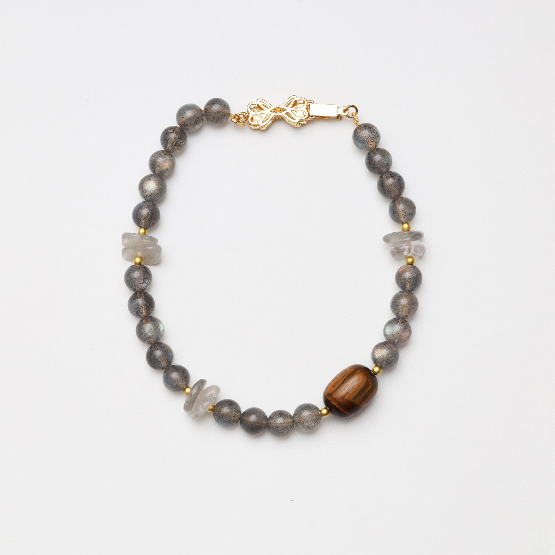 Grey Moonstone Round Bead, Grey Moonstone Freeform & Tiger's Eye Barrel Bead Bracelet