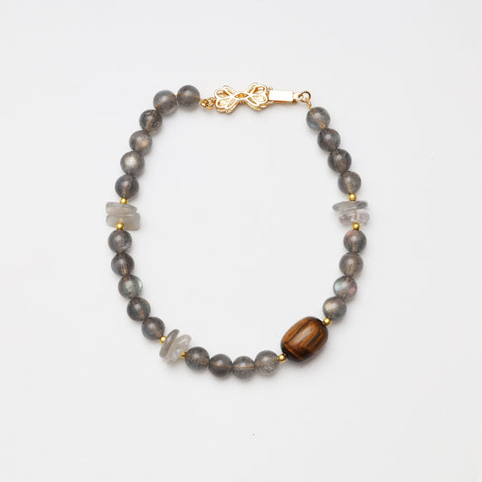 Grey Moonstone Round Bead, Grey Moonstone Freeform & Tiger's Eye Barrel Bead Bracelet