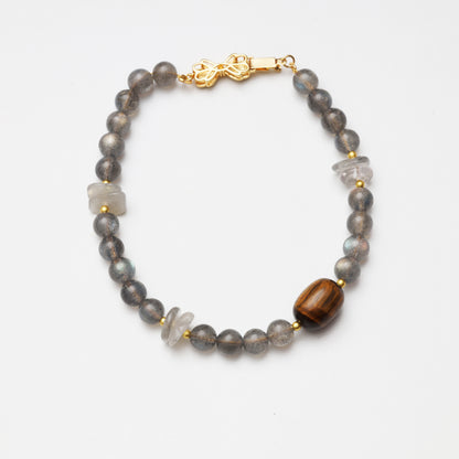 Grey Moonstone Round Bead, Grey Moonstone Freeform & Tiger's Eye Barrel Bead Bracelet