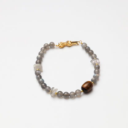 Grey Moonstone Round Bead, Grey Moonstone Freeform & Tiger's Eye Barrel Bead Bracelet