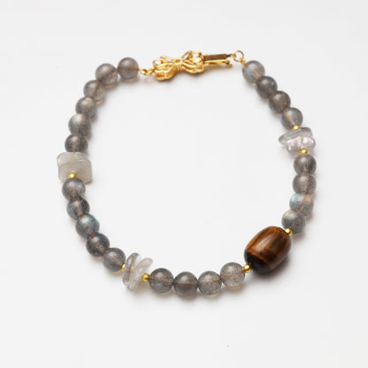 Grey Moonstone Round Bead, Grey Moonstone Freeform & Tiger's Eye Barrel Bead Bracelet