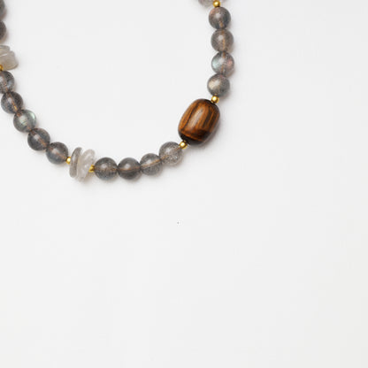 Grey Moonstone Round Bead, Grey Moonstone Freeform & Tiger's Eye Barrel Bead Bracelet