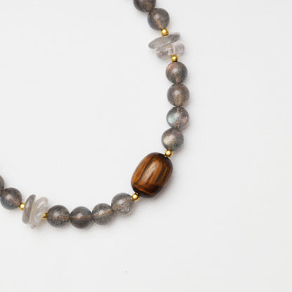 Grey Moonstone Round Bead, Grey Moonstone Freeform & Tiger's Eye Barrel Bead Bracelet