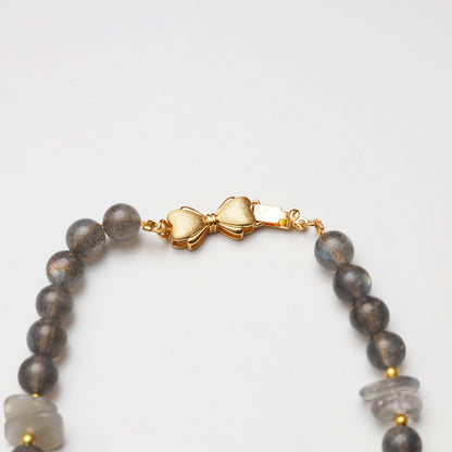 Grey Moonstone Round Bead, Grey Moonstone Freeform & Tiger's Eye Barrel Bead Bracelet