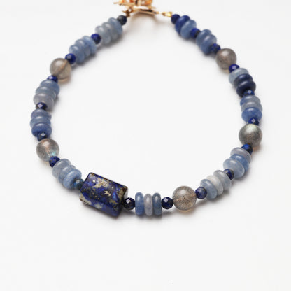 Blue Aventurine Slice, Grey Moonstone & Lapis Lazuli Bracelet