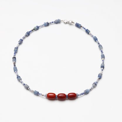 Blue Aventurine Slice, Blue Spot Stone Round Bead & Red Agate Necklace