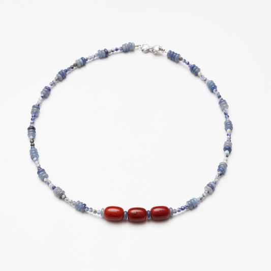 Blue Aventurine Slice, Blue Spot Stone Round Bead & Red Agate Necklace