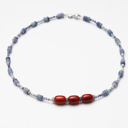 Blue Aventurine Slice, Blue Spot Stone Round Bead & Red Agate Necklace