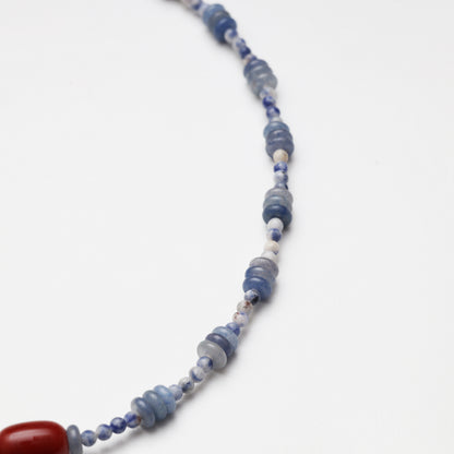 Blue Aventurine Slice, Blue Spot Stone Round Bead & Red Agate Necklace