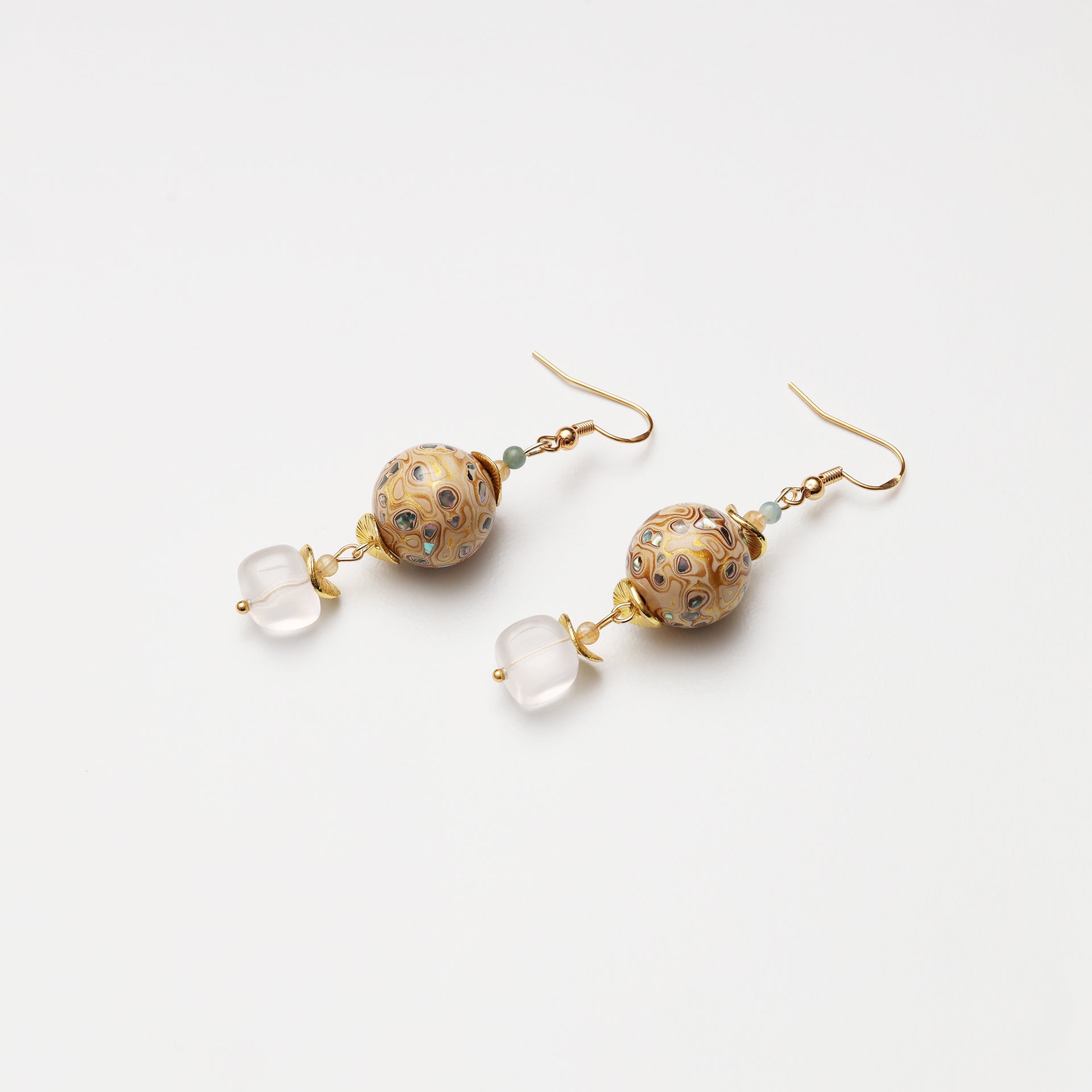 White Gold Tone Lacquer Round Bead & Clear Quartz Cube Earrings