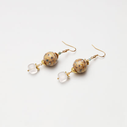 White Gold Tone Lacquer Round Bead & Clear Quartz Cube Earrings
