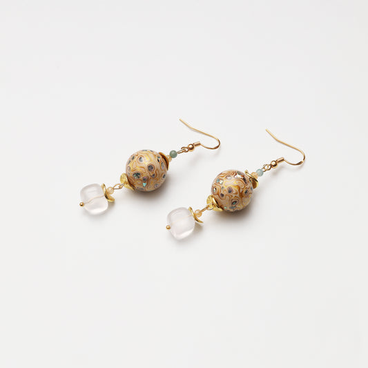 White Gold Tone Lacquer Round Bead & Clear Quartz Cube Earrings