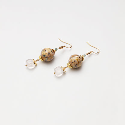 White Gold Tone Lacquer Round Bead & Clear Quartz Cube Earrings