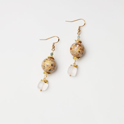 White Gold Tone Lacquer Round Bead & Clear Quartz Cube Earrings