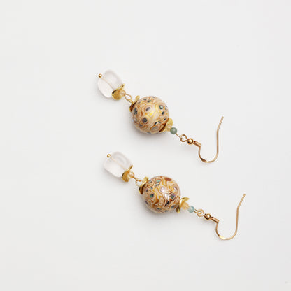 White Gold Tone Lacquer Round Bead & Clear Quartz Cube Earrings