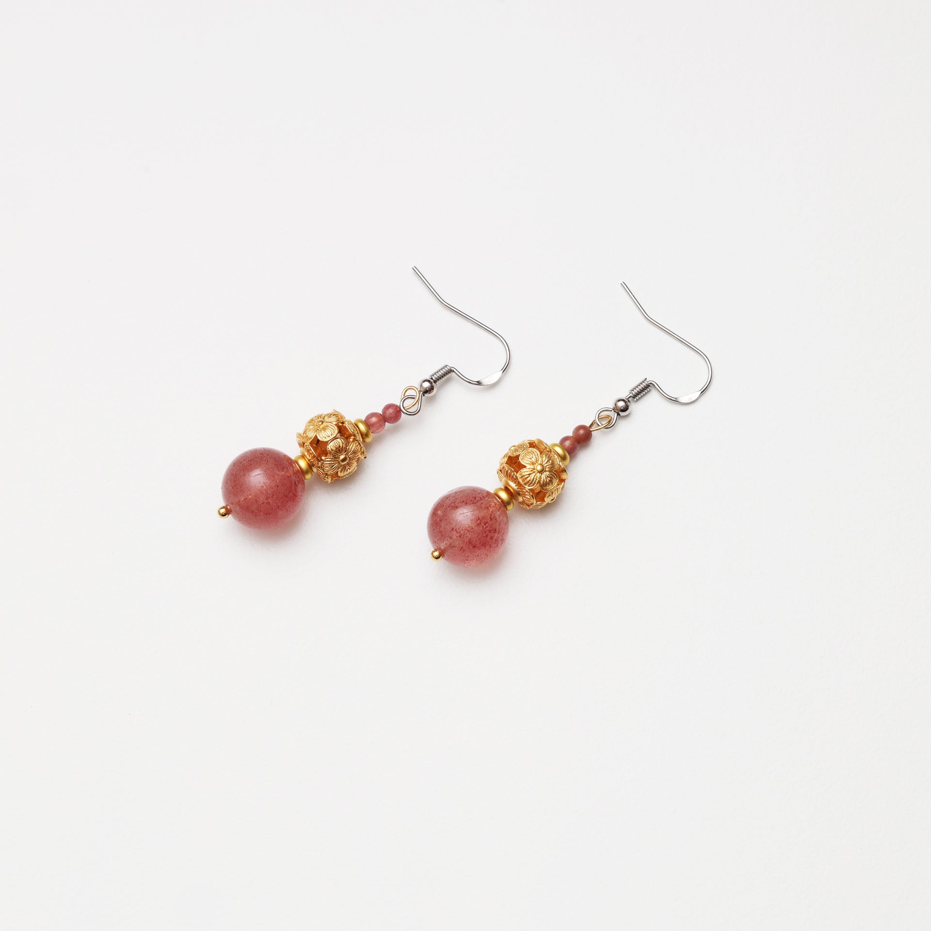 Strawberry Quartz & Pink Tourmaline Hollow Flower Ball Spacer Earrings