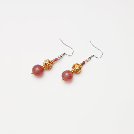 Strawberry Quartz & Pink Tourmaline Hollow Flower Ball Spacer Earrings