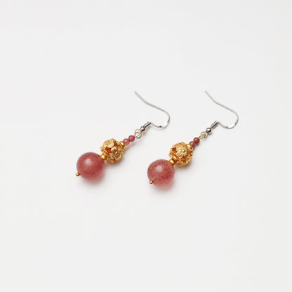 Strawberry Quartz & Pink Tourmaline Hollow Flower Ball Spacer Earrings