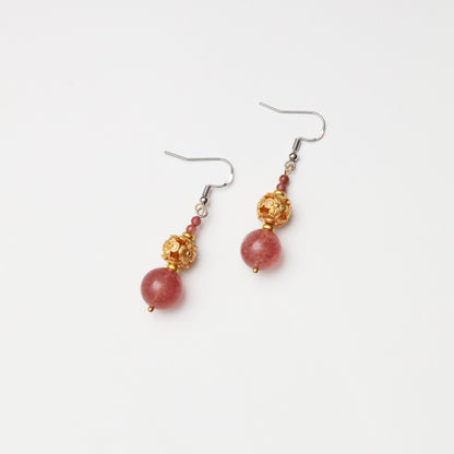 Strawberry Quartz & Pink Tourmaline Hollow Flower Ball Spacer Earrings