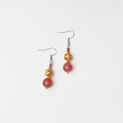 Strawberry Quartz & Pink Tourmaline Hollow Flower Ball Spacer Earrings